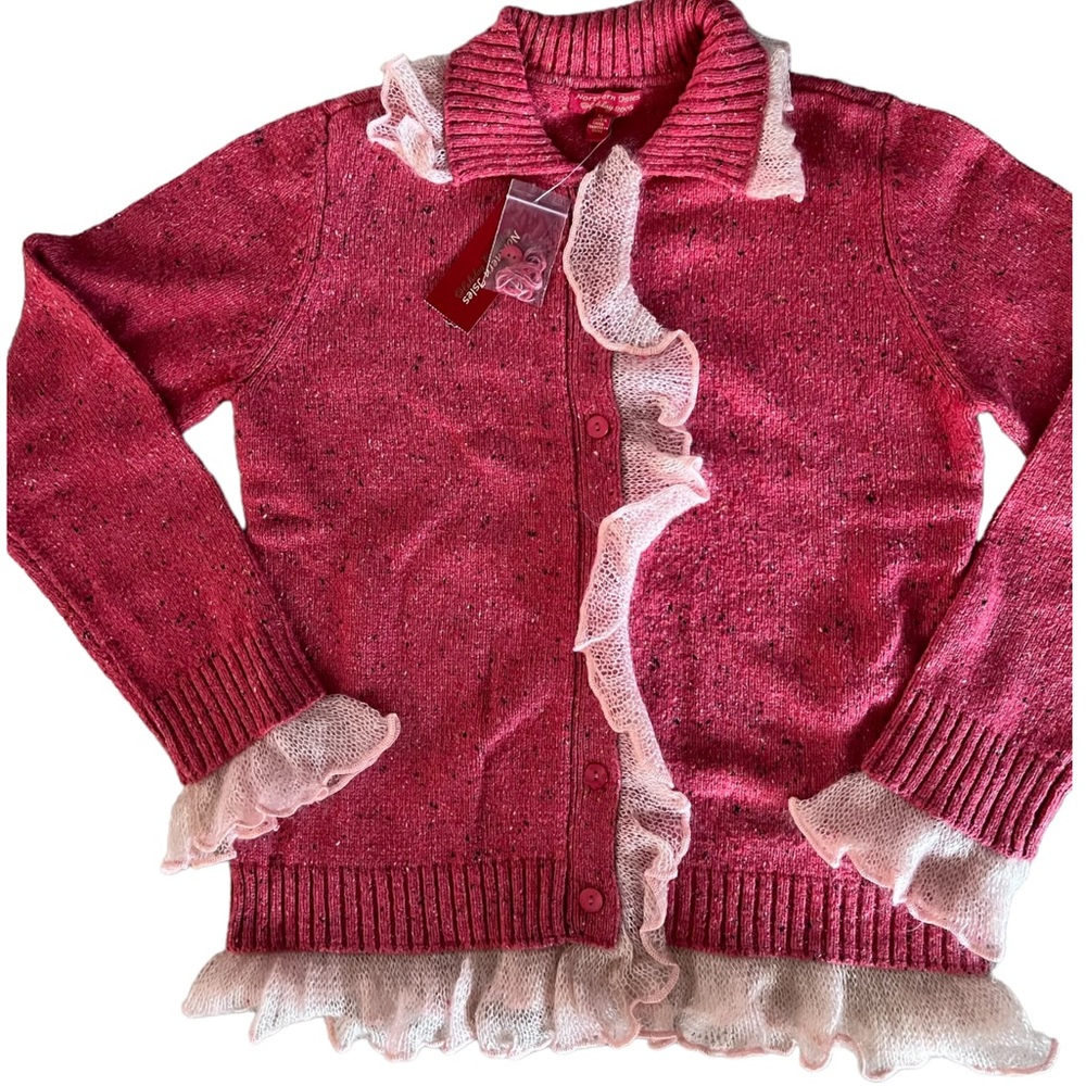 Northern Isles Vintage Womens Cardigan Sweater Pink Ruffle Holiday Knit Medium